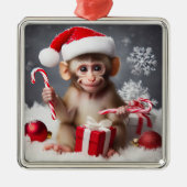 Niedlicher Affe mit Weihnachtsmannmütze Ornament Aus Metall (Vorne)