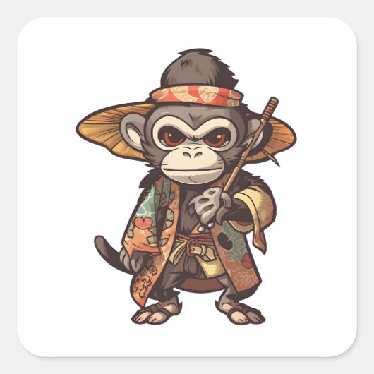 Niedlicher Affe Samurai Augenfang Adorable Monkey Quadratischer Aufkleber (Vorderseite)