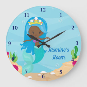 Niedlicher afrikanischer American Mermaid Beach Gi Große Wanduhr