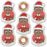 Niedlicher afrikanischer Weihnachtsjunge Cartoon Aufkleber<br><div class="desc">Set von sieben Vinyl-Aufklebern mit einer Illustration eines niedlichen kleinen,  glücklichen afroamerikanischen Jungen,  der in Weihnachtskleider gekleidet ist und einen roten Weihnachtshut trägt; fünf Aufkleber des Jungen und zwei Aufkleber mit einem Weihnachtskranz; mit einer anpassbaren Textvorlage für Ihren Namen oder Ihre Nachricht</div>