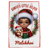 Niedlicher Afroamerikaner mit Welpenweihnachtsfest Mittlere Geschenktüte (Rückseite)
