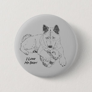Niedlicher Akita-Hund und Teddybär, der Button