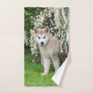 Niedlicher Alaskan Malamute Dog Welpe in Blume Fot Badhandtuch Set
