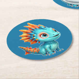 Niedlicher Alien-Drache, türkis -  Runder Pappuntersetzer