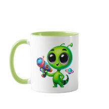 Niedlicher Alien mit Laserpistole und einem Planet