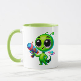 Niedlicher Alien mit Laserpistole und einem Planet Tasse