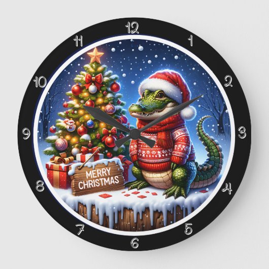 Niedlicher Alligator Frohe Weihnachtsgrafik Große Wanduhr (Vorderseite)