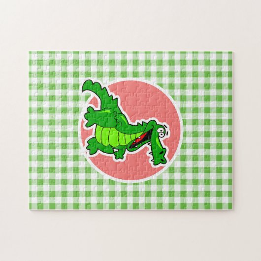 Niedlicher Alligator; Grüner Gingham Puzzle (Horizontal)