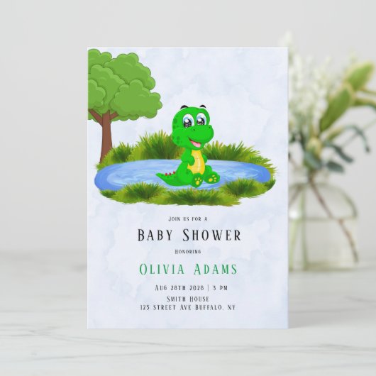 Niedlicher Alligator in Pond Boy Babydusche Einladung (Stehend Vorderseite)