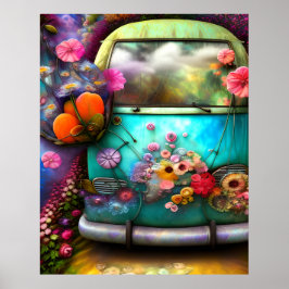 Niedlicher alter rostiger Combi-Van mit Blume in d Poster
