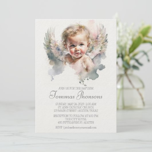 Niedlicher Angel Baby-Taufe Einladung (Stehend Vorderseite)