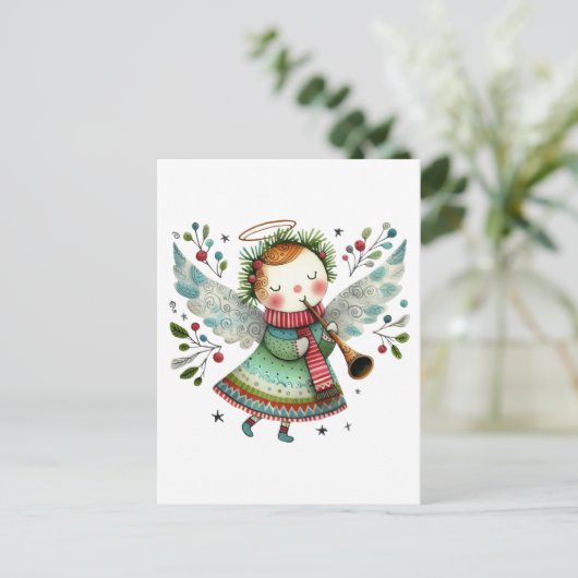 Niedlicher Angel Folk Art Style Frohe Weihnachten Postkarte (Stehend Vorderseite)