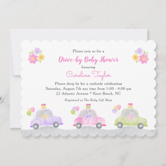 Niedlicher Antrieb durch Autos und Bows Girl Baby Einladung (Vorderseite)