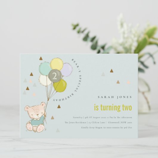 Niedlicher Aqua-Bären-Ballon jedes Alter Geburtsta Dankeskarte (Stehend Vorderseite)