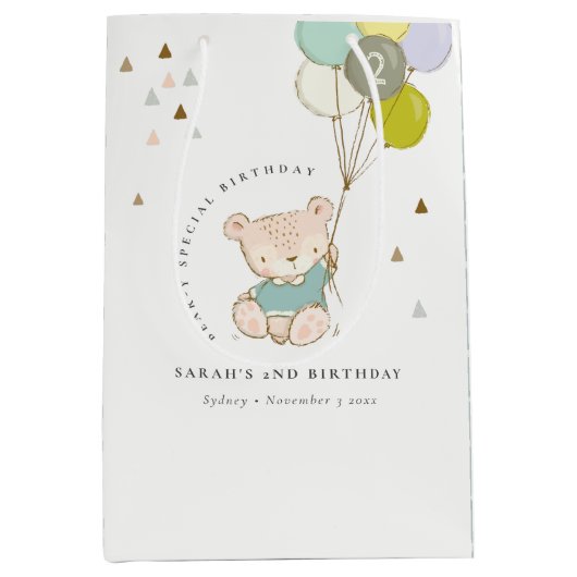 Niedlicher Aqua Blue Bär Ballon Jedes Alter Geburt Mittlere Geschenktüte (Vorderseite)