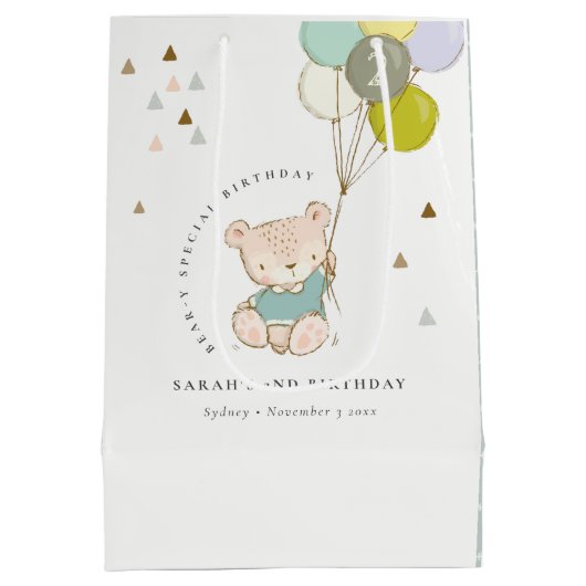 Niedlicher Aqua Blue Bär Ballon Jedes Alter Geburt Mittlere Geschenktüte (Rückseite)