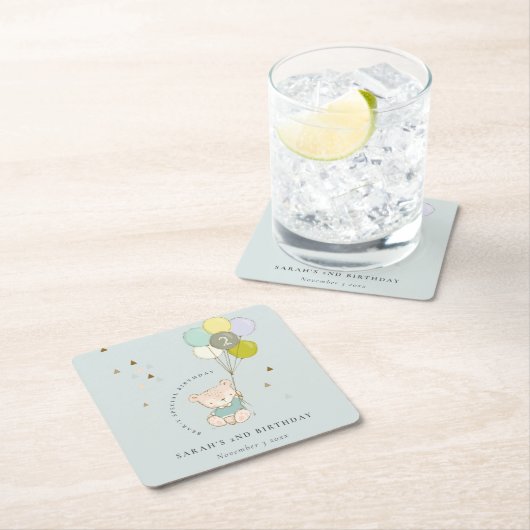 Niedlicher Aqua Blue Bär Ballon Jedes Alter Geburt Rechteckiger Pappuntersetzer (Vor Ort)