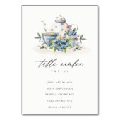Niedlicher Aqua Blue Floral Teapot Cup Hochzeit Tischnummer (Rückseite)