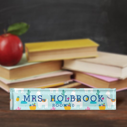 Niedlicher Aqua Blue Llama Musterteacher Namensplakette