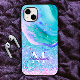 Niedlicher Aqua-Glitzer lila Marmor-Art-Monogramm Case-Mate iPhone Hülle