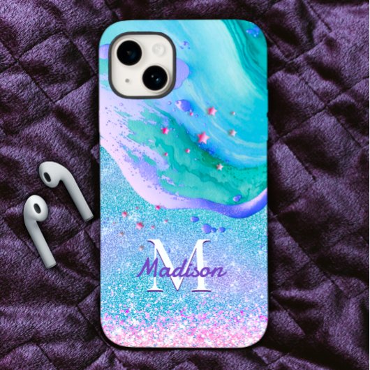 Niedlicher Aqua-Glitzer lila Marmor-Art-Monogramm Case-Mate iPhone Hülle
