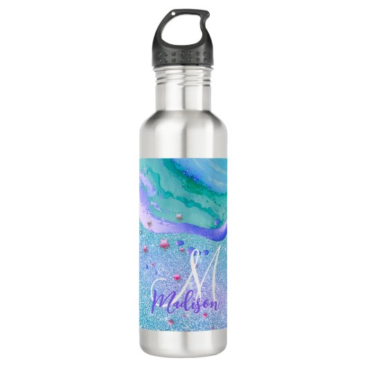 Niedlicher Aqua-Glitzer lila Marmor-Art-Monogramm Edelstahlflasche (Vorderseite)