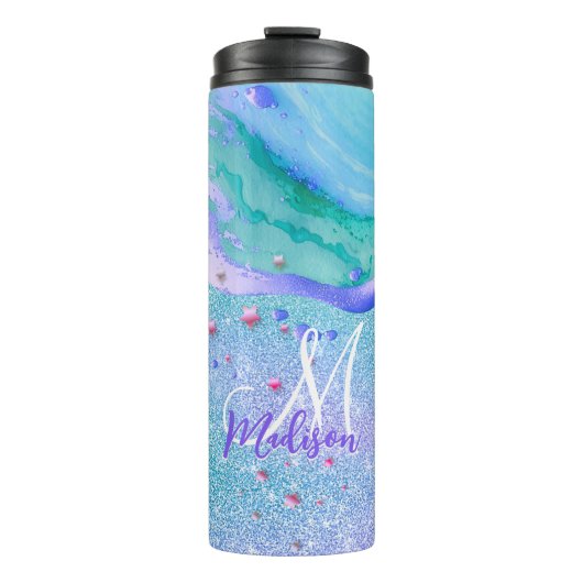 Niedlicher Aqua-Glitzer lila Marmor-Art-Monogramm Thermosbecher (Vorderseite)