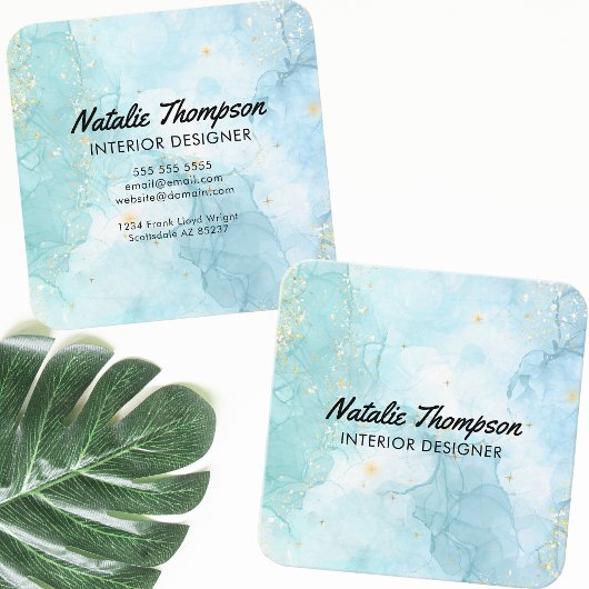 Niedlicher Aquamariner Blue Gold Glitzer Watercolo Quadratische Visitenkarte
