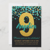 Niedlicher Aquamariner Glitzer Black Confetti 9. G Einladung (Vorderseite)