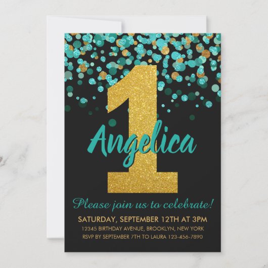 Niedlicher Aquamariner Gold Glitzer Black Confetti Einladung (Vorderseite)