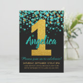 Niedlicher Aquamariner Gold Glitzer Black Confetti Einladung (Stehend Vorderseite)