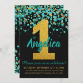 Niedlicher Aquamariner Gold Glitzer Black Confetti Einladung (Vorne/Hinten)