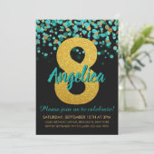 Niedlicher Aquamariner Gold Glitzer Black Confetti Einladung (Stehend Vorderseite)