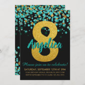 Niedlicher Aquamariner Gold Glitzer Black Confetti Einladung (Vorne/Hinten)