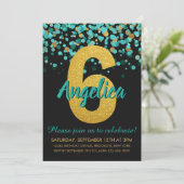Niedlicher Aquamariner Gold Glitzer Black Confetti Einladung (Stehend Vorderseite)