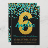 Niedlicher Aquamariner Gold Glitzer Black Confetti Einladung (Vorne/Hinten)