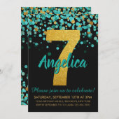 Niedlicher Aquamariner Gold Glitzer Black Confetti Einladung (Vorne/Hinten)