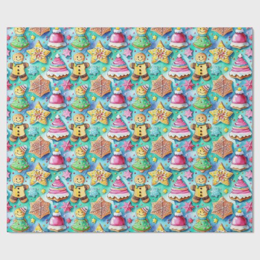 Niedlicher Aquarell Cartoon Lebkuchen Cookie Geschenkpapier (Flach)