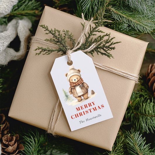 Niedlicher Aquarellbär Frohe Weihnachtsfeiertage Geschenkanhänger