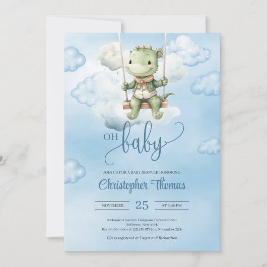 Niedlicher Aquarelldinosaurier auf Schaukel am bla Einladung (Vorderseite)