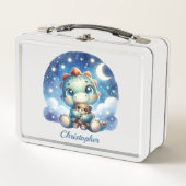 Niedlicher Aquarelldinosaurier in Sternennacht mit Metall Brotdose (Vorderseite)