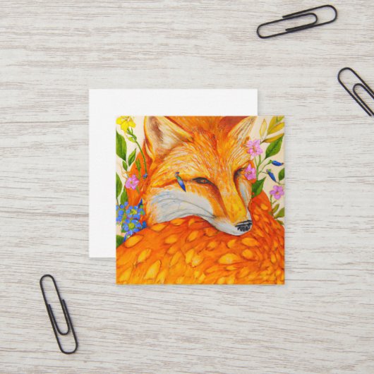 Niedlicher Aquarellfuchs mit Blume Quadratische Visitenkarte (Vorderseite/Rückseite Beispiel)