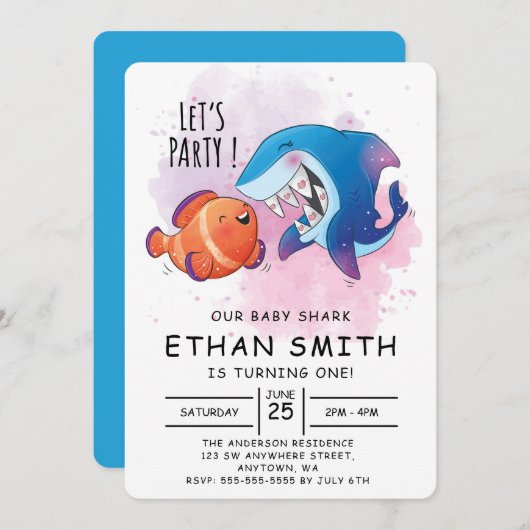 Niedlicher Aquarellhai zum Geburtstag Einladung (Vorne/Hinten)