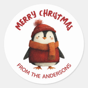 Niedlicher Aquarellpinguin Frohe Weihnachten von Runder Aufkleber