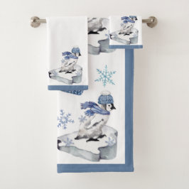 Niedlicher Aquarellpinguin Snowflakes Weihnachten Badhandtuch Set