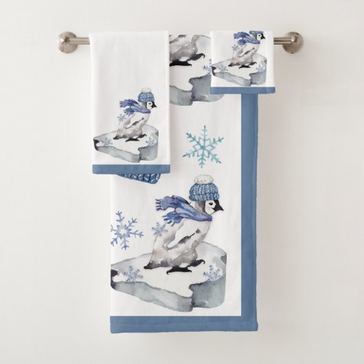 Niedlicher Aquarellpinguin Snowflakes Weihnachten Badhandtuch Set (Insitu)
