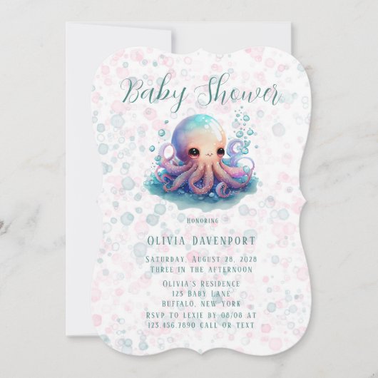 Niedlicher Aquarelltopus mit Bläschen Babydusche Einladung (Vorderseite)