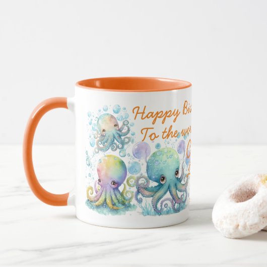 Niedlicher Aquarelltopus Zwei Tonerde Orange Tasse (Mit Donut)