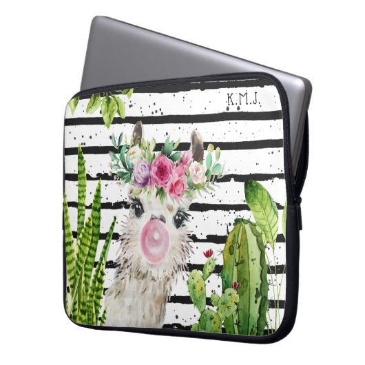 Niedlicher Aquatercolor Llama | Kakteen und Streif Laptopschutzhülle (Vorderseite Links)