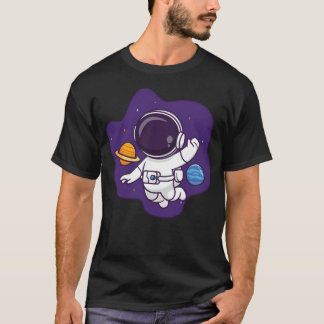 Niedlicher Astronaut, der im Weltraum mit dem Plan T-Shirt
